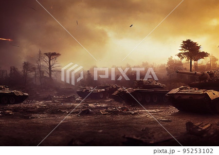 Battlefield with broken tanks from World War II. Destroyed equipment, dust and piles of debris. 3D rendering 95253102