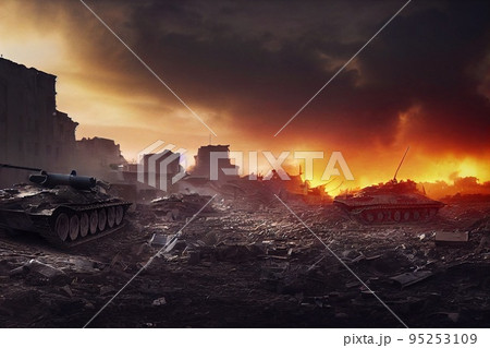 Battlefield with broken tanks from World War II. Destroyed equipment, dust and piles of debris. 3D rendering Battlefield with broken tanks from World War II. Destroyed equipment, dust and piles of debris. 3D rendering 95253109