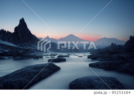 Beautiful ancient mountains at dawn, in the morning sunlight and in the fog. 3D rendering. 95253164