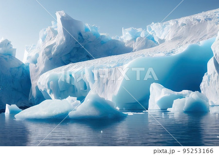 A sunny day in cold Antarctica. Antarctic icebergs. Reflection of icebergs in clear deep transparent water. 3D rendering 95253166