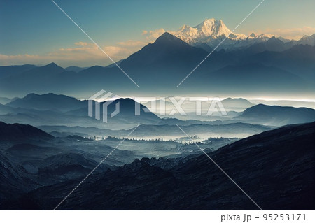 Beautiful ancient mountains at sunrise, in the evening sunlight and in the fog. 3D rendering. 95253171