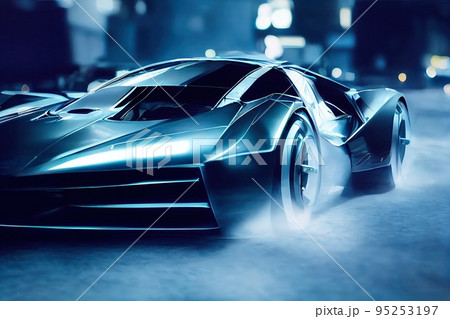 Image of a futuristic car against the backdrop of the city of the future. Concept of the car of the future. 3D rendering Image of a futuristic car against the backdrop of the city of the future. Concept of the car of the future. 3D rendering 95253197