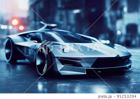 Image of a futuristic car against the backdrop of the city of the future. Concept of the car of the future. 3D rendering Image of a futuristic car against the backdrop of the city of the future. Concept of the car of the future. 3D rendering 95253204