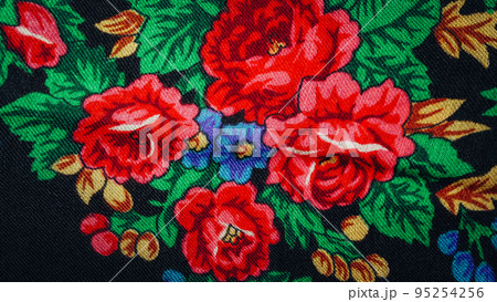 Colorful ukrainian head scarf close-up design details. Flowers, floral, ancient traditional Colorful ukrainian head scarf close-up design details. Flowers, floral, ancient traditional 95254256