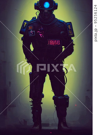 Portrait of a man wearing a cyberpunk headset, neon virtual glasses, and cyberpunk gear. A high-tech futuristic man from the future. The concept of virtual reality and cyberpunk. 3D rendering. Portrait of a man wearing a cyberpunk headset, neon virtual glasses, and cyberpunk gear. A high-tech futuristic man from the future. The concept of virtual reality and cyberpunk. 3D rendering. 95256124
