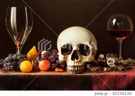 Asbstract still life with vintage skull on antique table with candle, fruit, wine and spiders. 3D render Asbstract still life with vintage skull on antique table with candle, fruit, wine and spiders. 3D render 95256130