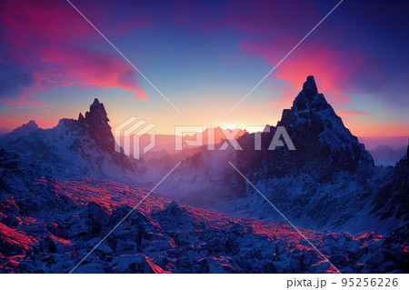 Beautiful ancient mountains at dawn, in the morning sunlight and in the fog. 3D rendering. 95256226