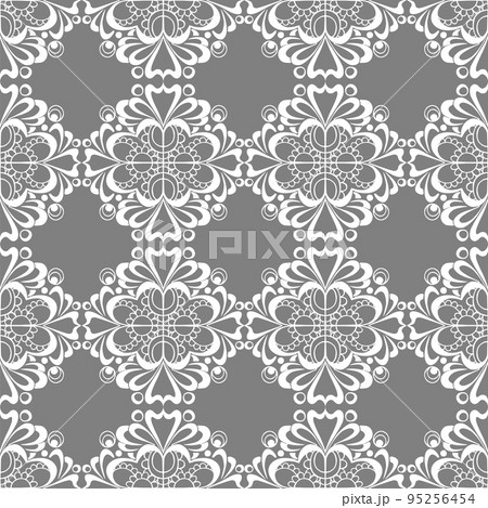 seamless graphic pattern, floral white ornament tile on gray background, texture, design 95256454