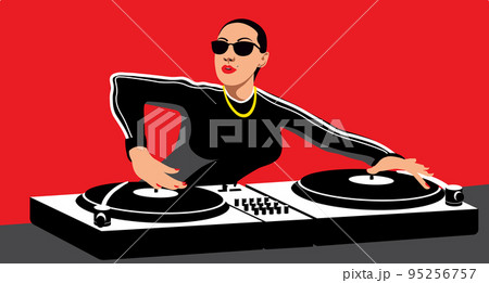 Dj in club. Young girl teen cartoon character standing and making musical mix with special equipment vector illustration 95256757
