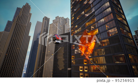 Autonomous driverless aerial vehicle spraying foam for extinguish the fire, Smart 5G technology firefighting drone concept, 3d render 95256915