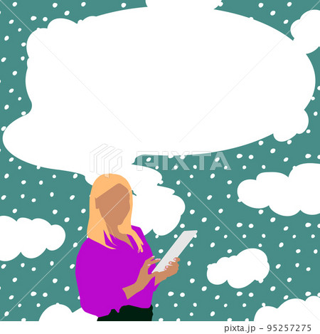 Presenter With Conversation Bubble Showing New Announcement. Colleague Speech Balloon Presenting Fresh And Important News Messages. Presenter With Conversation Bubble Showing New Announcement. Colleague Speech Balloon Presenting Fresh And Important News Messages. 95257275