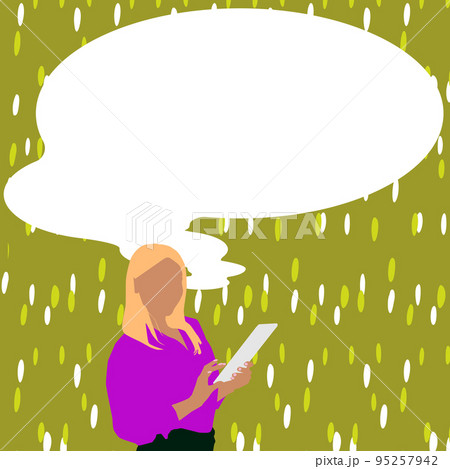 Presenter With Conversation Bubble Showing New Announcement. Colleague Speech Balloon Presenting Fresh And Important News Messages. 95257942