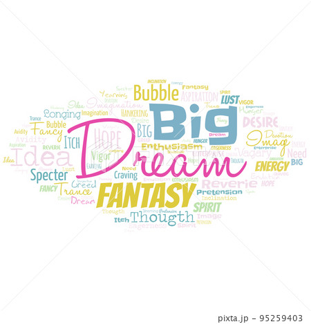 Big word cloud in the shape of UFO with words dream big. To think of something high value that you want to achieve. Using imagination. Big word cloud in the shape of UFO with words dream big. To think of something high value that you want to achieve. Using imagination. 95259403