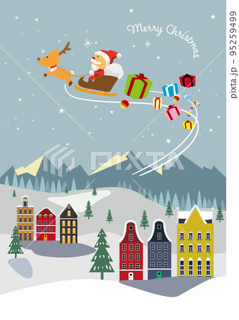 クリスマスの雪景色のまちをトナカイのそりに乗って空を飛ぶサンタさんのイラスト 95259499
