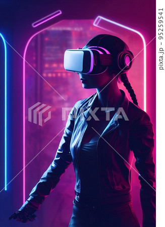 Realistic portrait of a sci-fi cyberpunk girl. High-tech futuristic woman from the future. The concept of virtual reality and cyberpunk. 3D render. 95259541