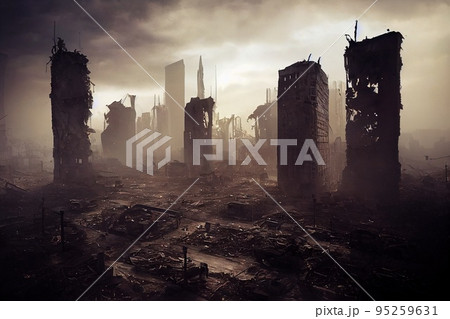 A post-apocalyptic ruined city. Destroyed buildings, destroyed roads, blown up skyscrapers. The concept of the apocalypse. 3d rendering A post-apocalyptic ruined city. Destroyed buildings, destroyed roads, blown up skyscrapers. The concept of the apocalypse. 3d rendering 95259631