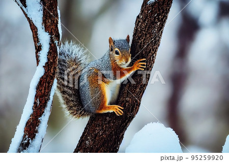 A squirrel in the autumn forest. A squirrel in nature in an autumn park. Cute squirrel sitting on a tree branch. 3d rendering 95259920