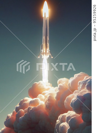 Space rocket takes off into the sky. Spaceship flies to search for new planets. The concept of launching a rocket into space. 3D rendering 95259926