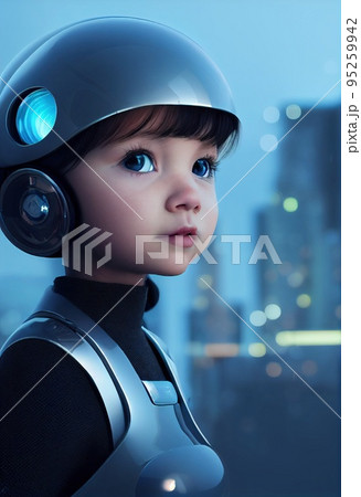 Portrait of a fictional futuristic child pilot wearing an aviation helmet and pilot's suit. 3d rendering Portrait of a fictional futuristic child pilot wearing an aviation helmet and pilot's suit. 3d rendering 95259942