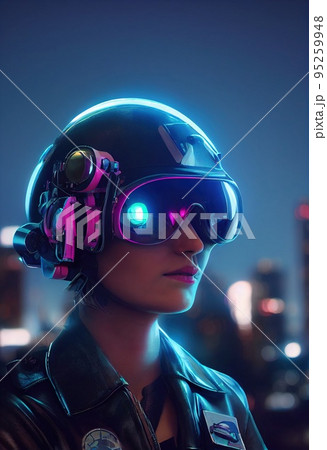 Portrait of a fictional futuristic female pilot in an aviation helmet and pilot's suit, against a background of neon lights. 3d rendering Portrait of a fictional futuristic female pilot in an aviation helmet and pilot's suit, against a background of neon lights. 3d rendering 95259948