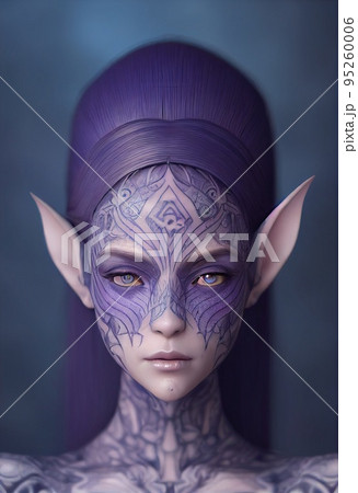 Fantasy elven woman with purple hair. Long purple hair, pointy elven ears, beautiful makeup on her face. 3D render 95260006