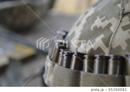 War Concept. Military silhouettes fighting scene on war fog sky background, World War Soldiers Silhouette Below Cloudy Skyline At night. Armored vehicle fight scene. Selective focus 95260083