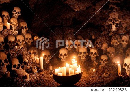 Creepy ancient cave with burning candles and skulls. An old abandoned grotto with bones. 3D rendering. 95260328