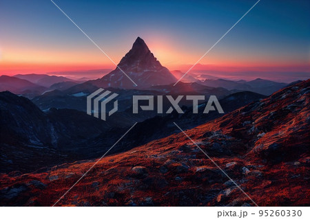 Beautiful ancient mountains at dawn, in the morning sunlight and in the fog. 3D rendering. 95260330