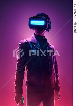 Portrait of a man wearing a cyberpunk headset, neon virtual glasses, and cyberpunk gear. A high-tech futuristic man from the future. The concept of virtual reality and cyberpunk. 3D rendering. Portrait of a man wearing a cyberpunk headset, neon virtual glasses, and cyberpunk gear. A high-tech futuristic man from the future. The concept of virtual reality and cyberpunk. 3D rendering. 95260341