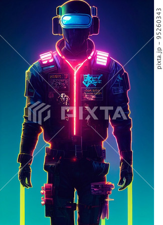 Portrait of a male superhero wearing neon virtual goggles and superhero gear. A high-tech futuristic man from the future. The concept of virtual reality and cyberpunk. 3D rendering. Portrait of a male superhero wearing neon virtual goggles and superhero gear. A high-tech futuristic man from the future. The concept of virtual reality and cyberpunk. 3D rendering. 95260343