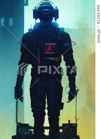 Portrait of a man wearing a cyberpunk headset, neon virtual glasses, and cyberpunk gear. A high-tech futuristic man from the future. The concept of virtual reality and cyberpunk. 3D rendering. 95260346
