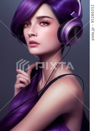 Fictional portrait of a fictional punk pretty girl with headphones and purple hair. Hipster girl with punk hair. 3D render 95260352