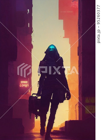 Abstract portrait of a cyberpunk girl. High-tech futuristic woman from the future. Concept of virtual reality and cyberpunk. 3D rendering. Abstract portrait of a cyberpunk girl. High-tech futuristic woman from the future. Concept of virtual reality and cyberpunk. 3D rendering. 95260377