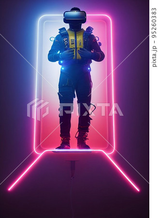 Portrait of a man wearing a cyberpunk headset, neon virtual glasses, and cyberpunk gear. A high-tech futuristic man from the future. The concept of virtual reality and cyberpunk. 3D rendering. 95260383