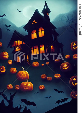 A dramatic, mystical Halloween backdrop. A full moon shines in the sky, a flock of bats flies in the dark sky. Near the castle lie pumpkins with candles. 3D render 95260404