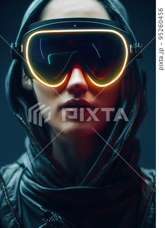 Realistic portrait of a sci-fi cyberpunk girl. High-tech futuristic woman from the future. The concept of virtual reality and cyberpunk. 3D render. 95260456