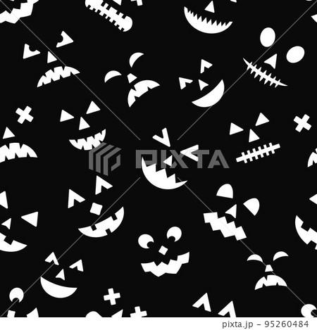 Halloween seamless pattern with scary pumpkin faces on black background. Easy to edit vector template for greeting card, party invitation, fabric, textile, wrapping paper, etc 95260484