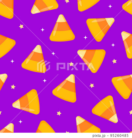 Halloween seamless pattern with candy corns on purple background. Easy to edit vector template for greeting card, banner, poster, party invitation, fabric, textile, wrapping paper, etc 95260485