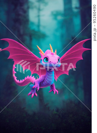 Portrait of a beautiful cute cartoon dragon. Image of a pink dragon. 3D rendering. Portrait of a beautiful cute cartoon dragon. Image of a pink dragon. 3D rendering. 95260490