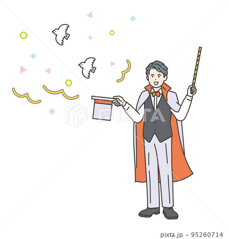 シルクハットから鳩を出すマジシャンのイラスト素材 95260714