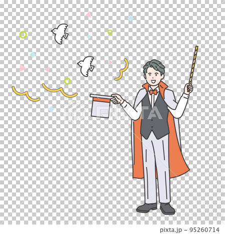 Illustration material of a magician who puts out a pigeon from a silk hat Illustration material of a magician who puts out a pigeon from a silk hat 95260714