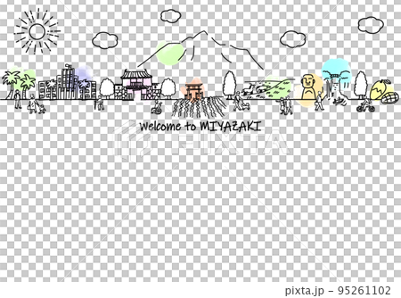 手繪宮崎縣城市景觀和人的簡單線條圖 95261102
