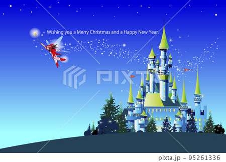 お城をバックに妖精がクリスマスを祝うカード 95261336