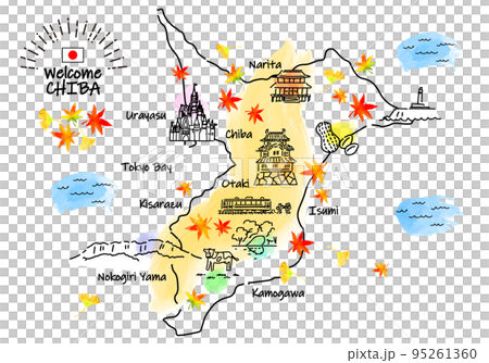 Simple line drawing illustration map of sightseeing spots in Chiba Prefecture in autumn Simple line drawing illustration map of sightseeing spots in Chiba Prefecture in autumn 95261360