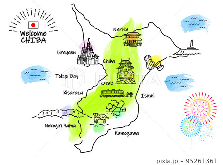 千葉県の観光地のシンプル線画イラストマップ 95261361