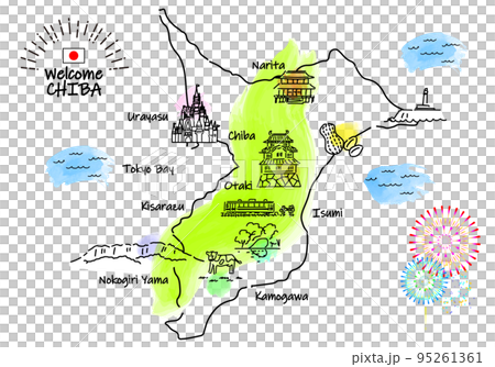 千葉県の観光地のシンプル線画イラストマップ 95261361