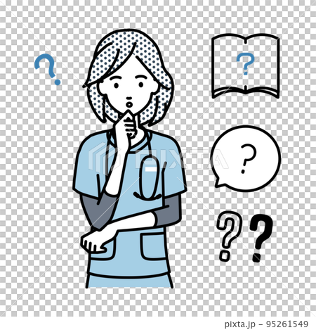 立って手をあごにあてて疑問を感じている看護師の女性 クエスチョンマークのセット 95261549
