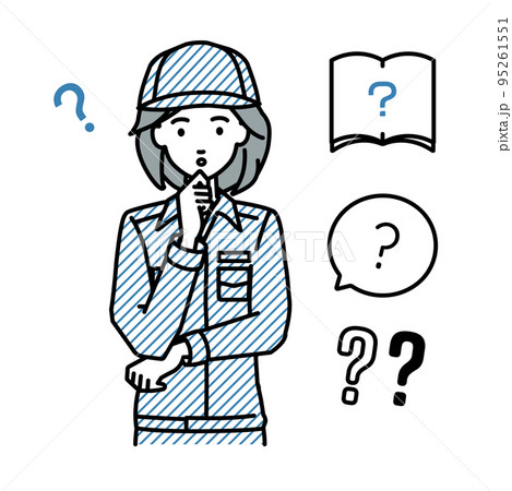 立って手をあごにあてて疑問を感じている作業員の女性 クエスチョンマークのセット 95261551