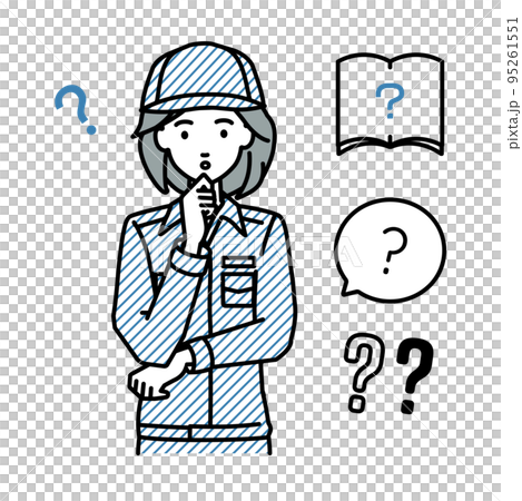 立って手をあごにあてて疑問を感じている作業員の女性 クエスチョンマークのセット 95261551