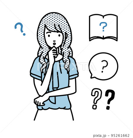 立って手をあごにあてて疑問を感じているオフィスカジュアルの女性 クエスチョンマークのセット 立って手をあごにあてて疑問を感じているオフィスカジュアルの女性 クエスチョンマークのセット 95261662